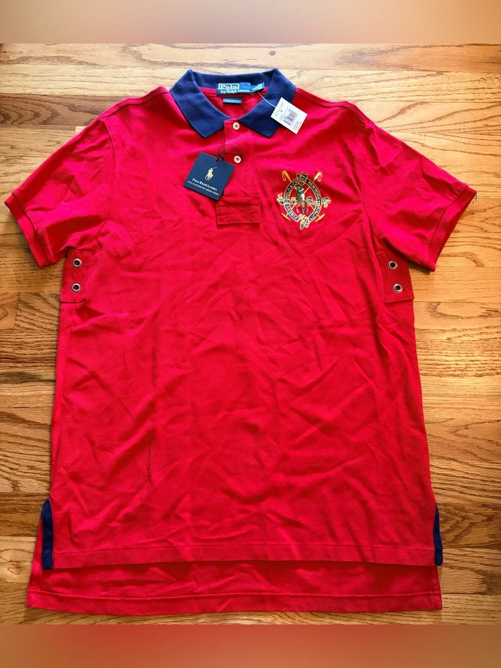 NWT Ralph Lauren Red Polo with Navy Contrast Collar and Crest. Custom Fit